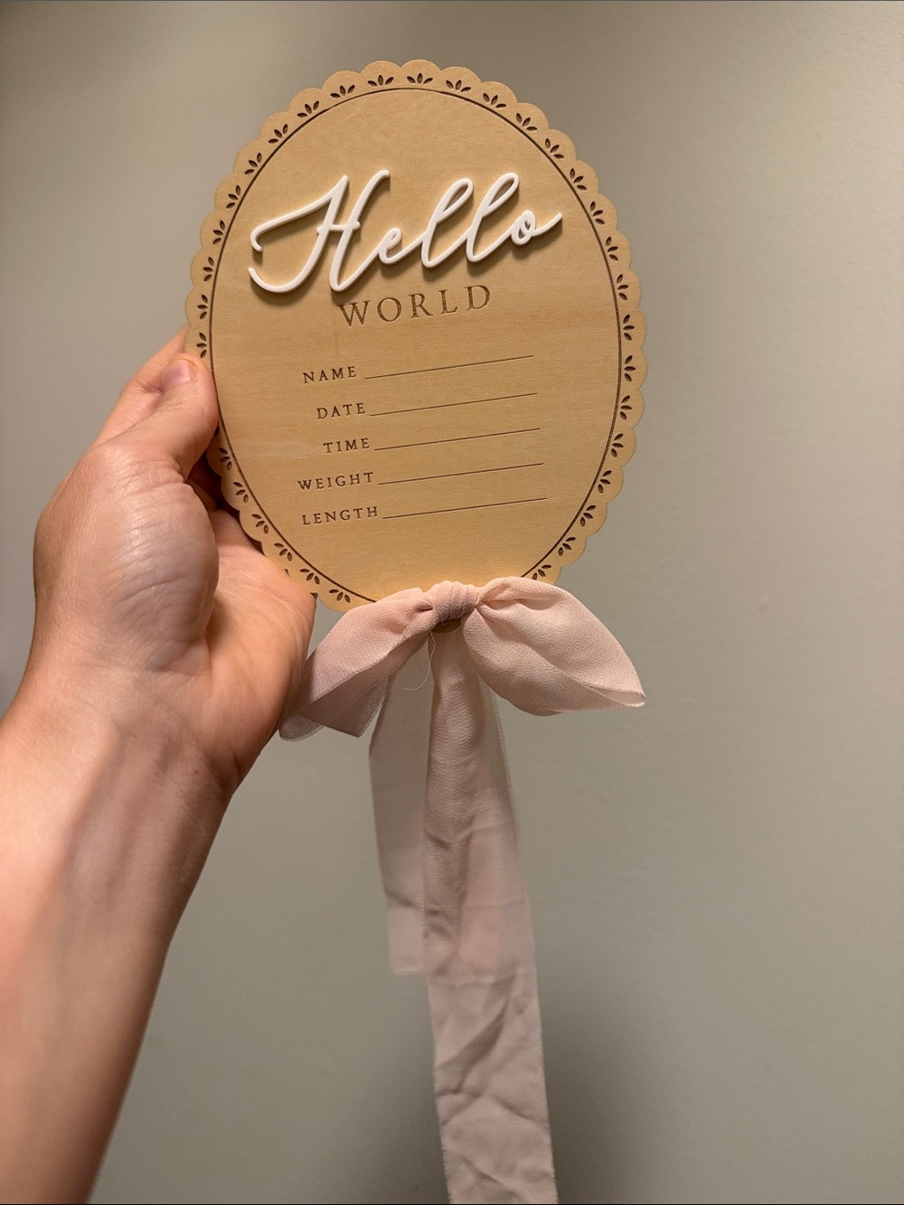 Hello World Baby Announcement Plaque with Pink Ribbon